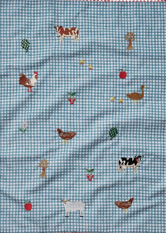 Country Farm Gingham Embroidered Tea Towel