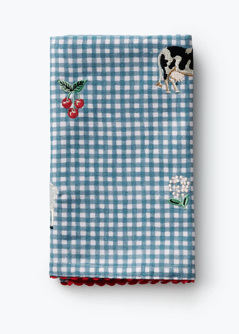 Country Farm Gingham Embroidered Tea Towel