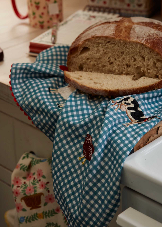 Country Farm Gingham Embroidered Tea Towel