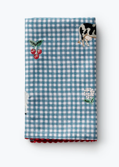 Country Farm Gingham Embroidered Tea Towel
