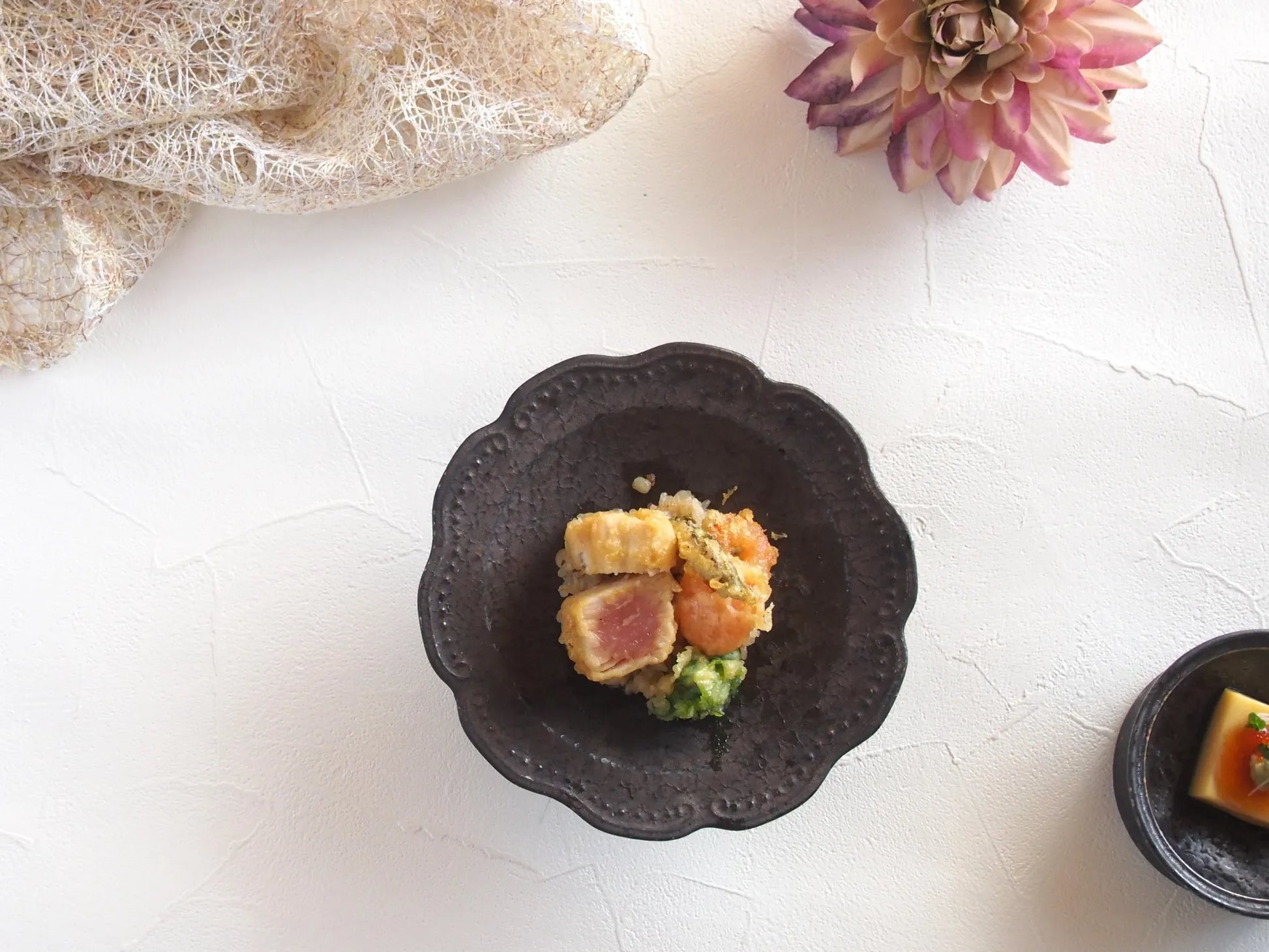 Overhead styled view of the Kouwa 6-inch Flower Footed Plate