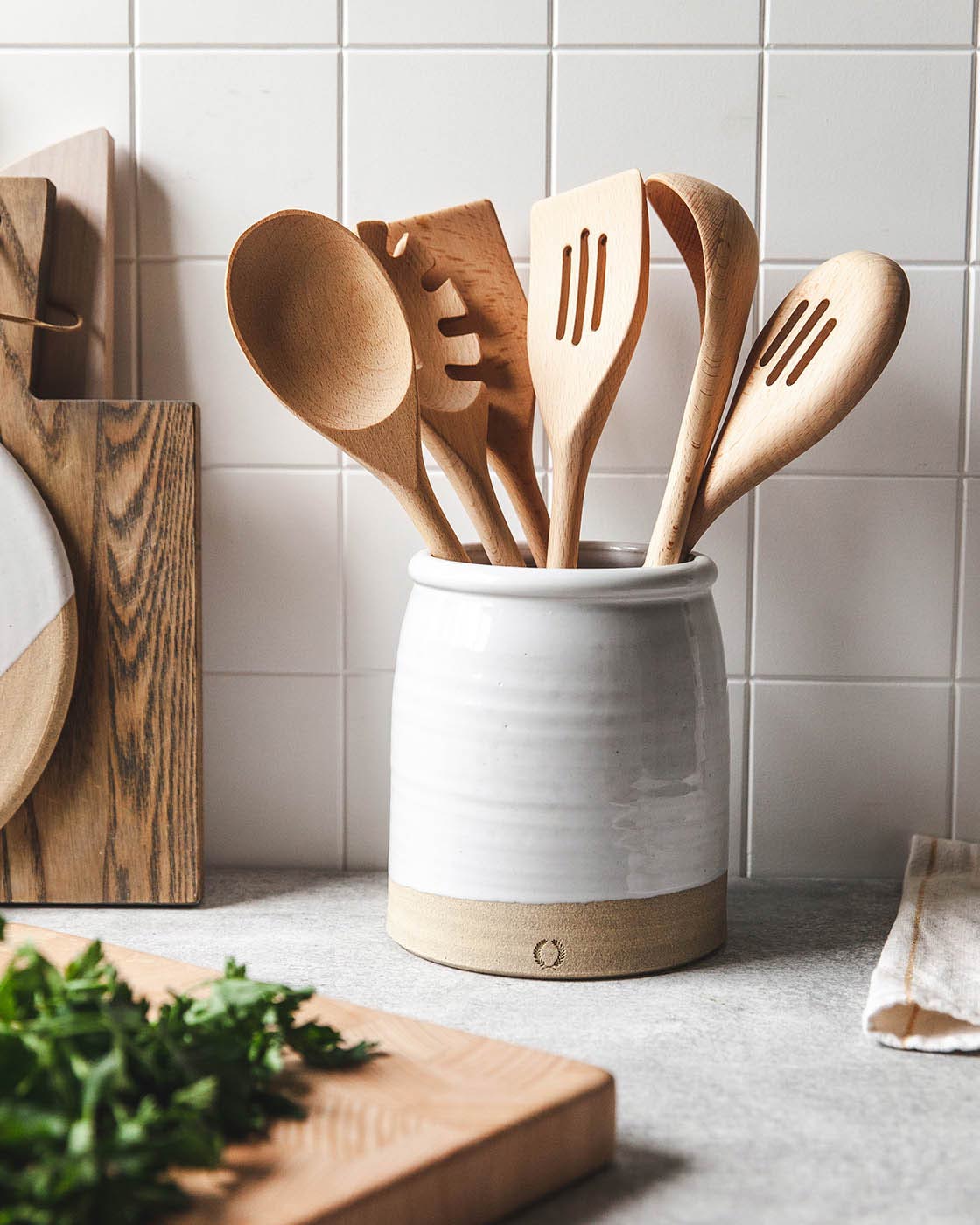 Essential Kitchen Utensils styled in a crock